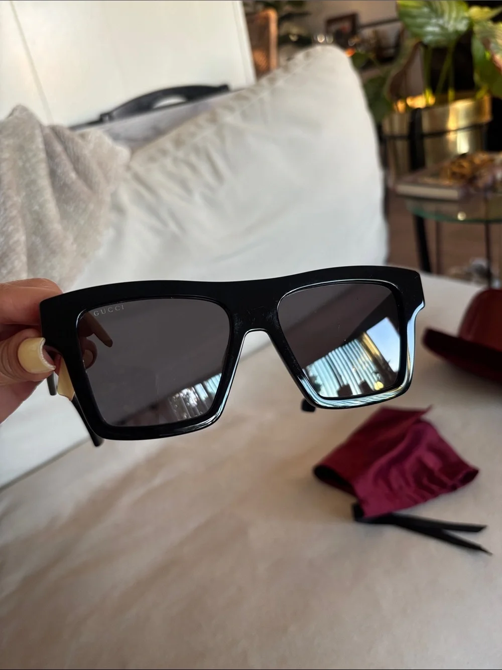 Gucci Black Square Sunglasses with Burgundy Case and Pouch